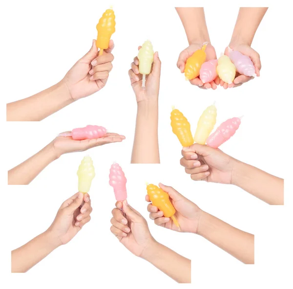 Collection Hand Holding Jelly Plastic Containers Shape Ice Cream Isolated — Stock Photo, Image