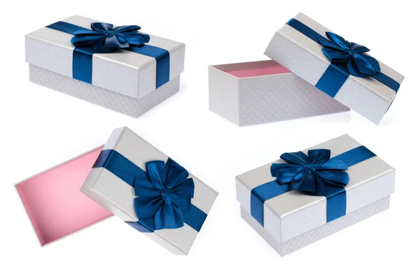 Sammlung Von Geschenkfarbe Silberne Box Mit Blauem Band Und Bogen — Stockfoto