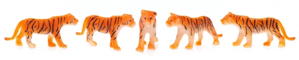 Una Colección Tigres Hechos Plástico Animal Juguete Aislado Sobre Fondo — Foto de Stock