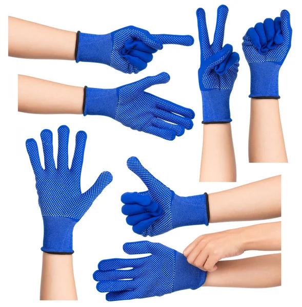 Kolekcja Rąk Noszących Niebieskie Rękawiczki Symbolem Działania Palców Odizolowanych Białym — Zdjęcie stockowe