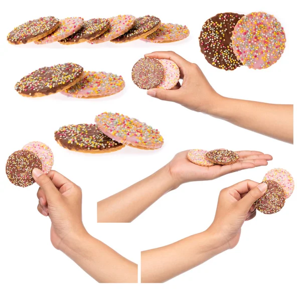 Collection Hand Holding Cookies Topping Sprinkle Isolated White Background — Stock Photo, Image