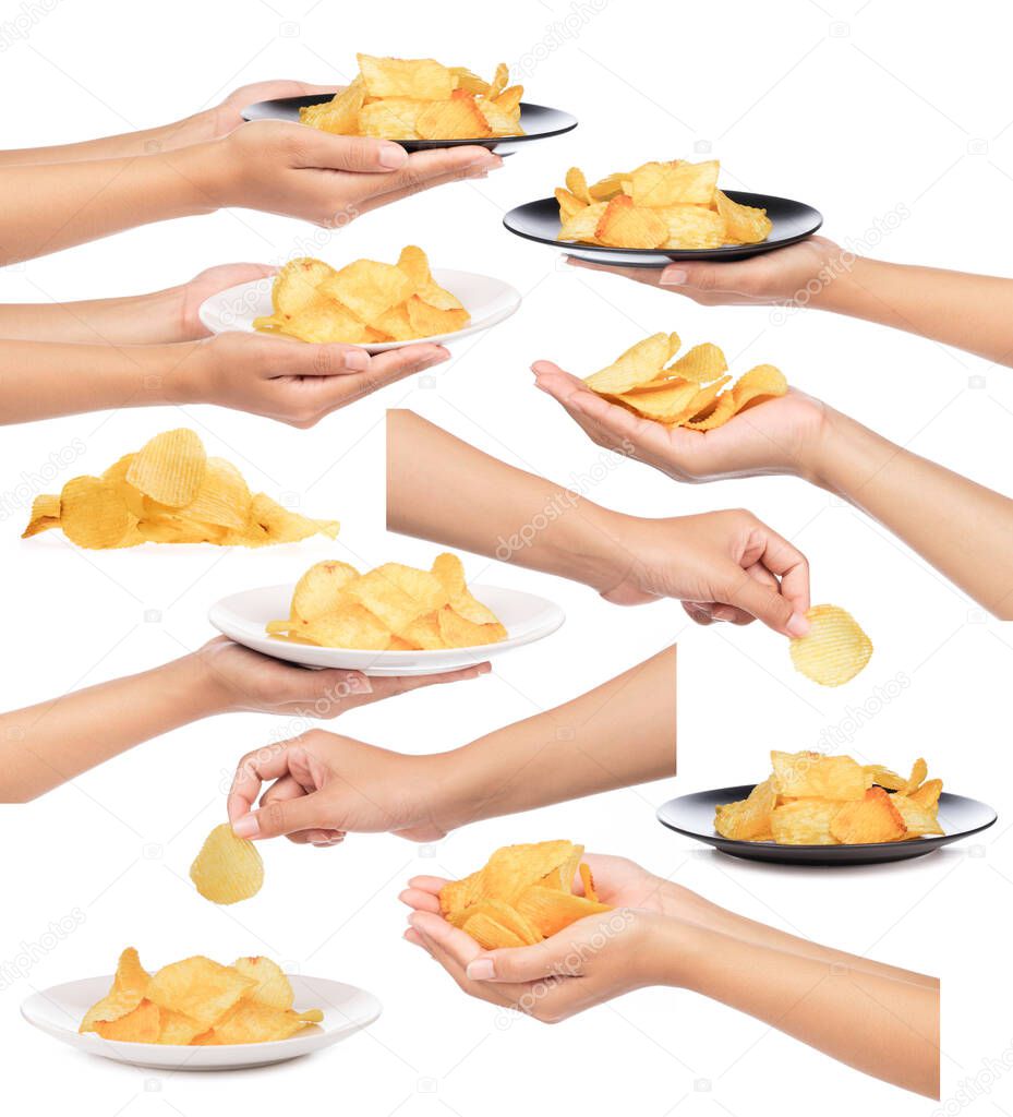 Set of hand holding Potato chips on plate isolated on white background.