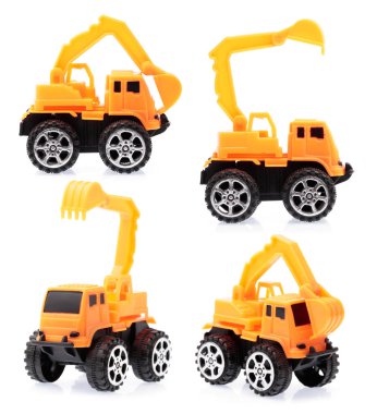 Oyuncak araba vinç modeli koleksiyonu beyaz arkaplanda izole edildi.