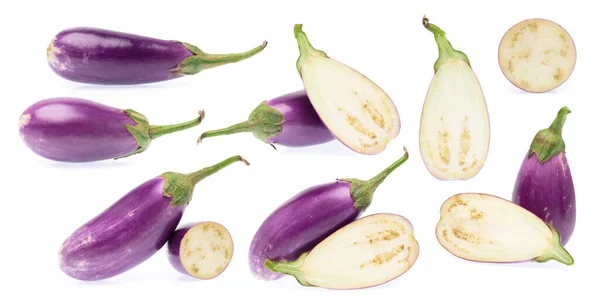 Collection Fresh Eggplants Isolated White — Stock Photo, Image