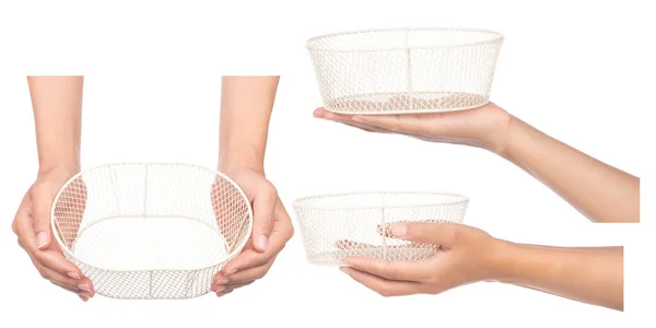 Collection Hand Holding Empty Steel Basket Isolated White Background — Stock Photo, Image