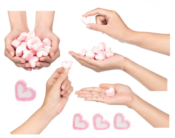 Collection Hand Holding Sweet Heart Shape Marshmallow Isolated White Background — Foto de Stock