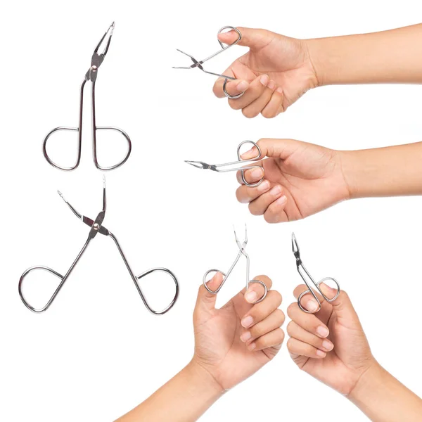 Insamling Hand Hålla Nagelklippare Isolerad Vit Bakgrund — Stockfoto