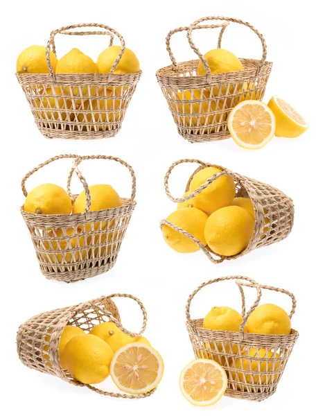 以白色背景分离的篮子收集柠檬 — 图库照片