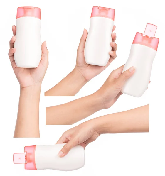 Verzameling Van Hand Houden Cosmetische Fles Geïsoleerd Witte Achtergrond — Stockfoto