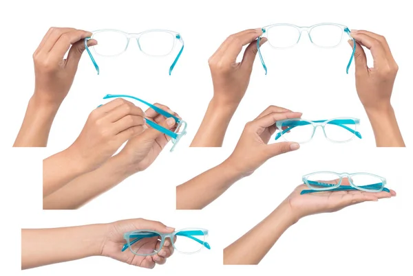Kolekce Ruční Držení Modrých Brýlí Izolované Bílém Pozadí — Stock fotografie