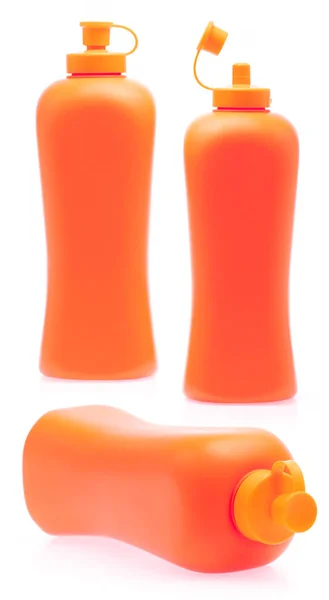 Collectie Van Oranje Plastic Fles Geïsoleerd Witte Achtergrond — Stockfoto