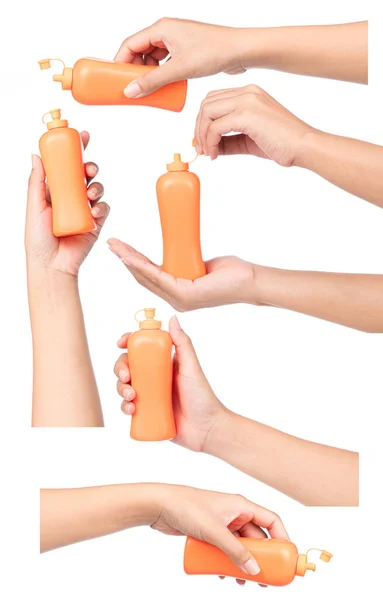 Коллекция Рук Оранжевой Пластиковой Бутылкой Белом Фоне — стоковое фото