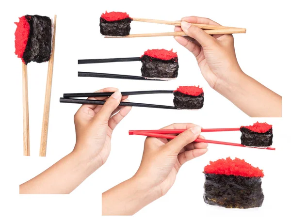 Coleção Mão Segurando Chopstick Para Comer Sushi Isolado Fundo Branco — Fotografia de Stock