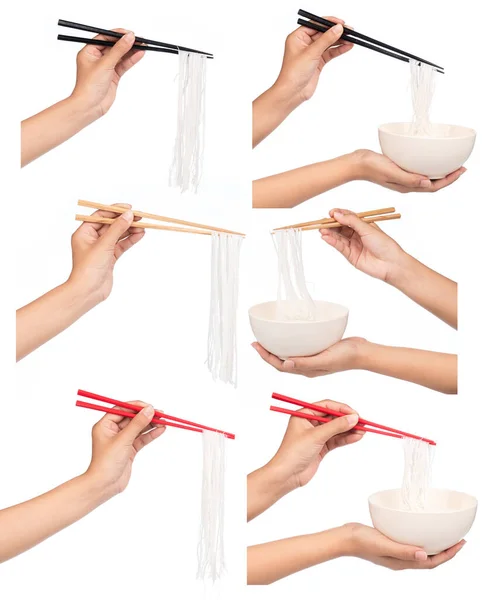 Collection Hand Holding Rice Noodles Chopsticks Bowl Isolated White Background — Stock Photo, Image