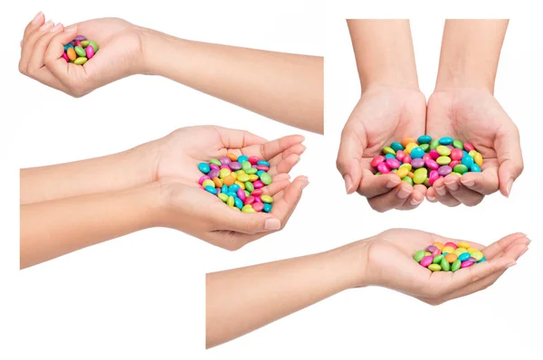 Sammlung Von Hand Hält Bunte Schokolade Beschichtete Bonbons Isoliert Auf — Stockfoto