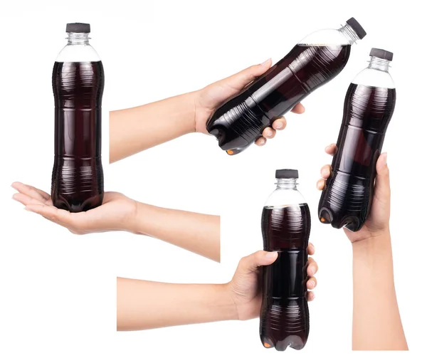 Conjunto Mão Segurando Cola Garrafa Plástico Refrigerante Carbonatado Isolado Fundo — Fotografia de Stock