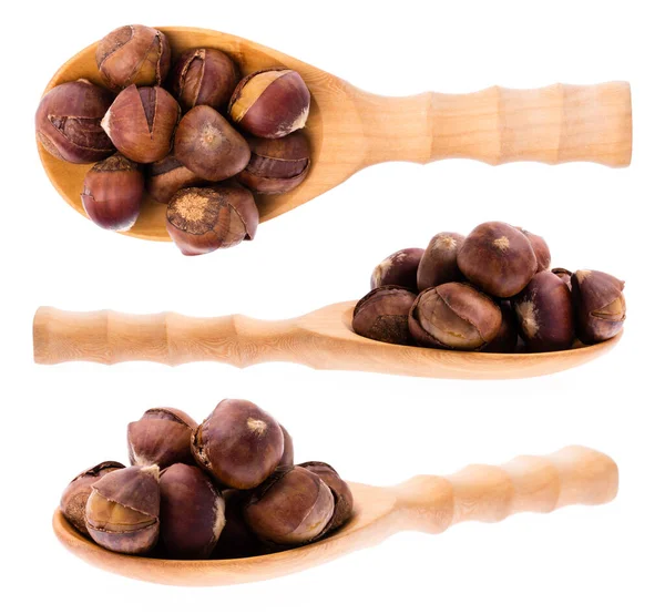 Set Mestolo Castagne Legno Isolato Fondo Bianco — Foto Stock