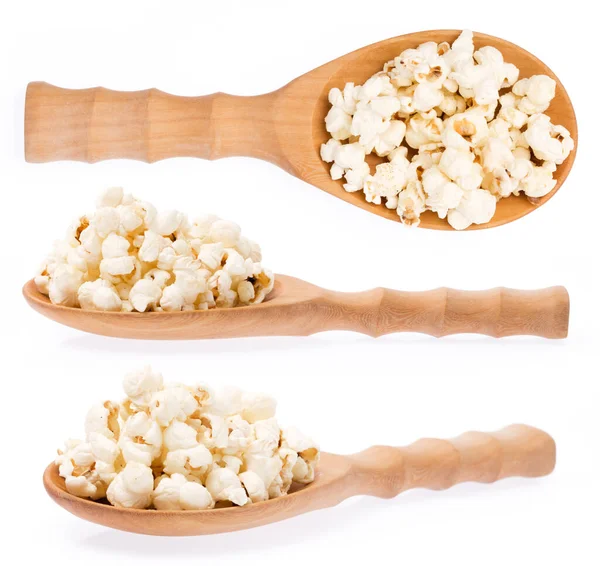 Samling Popcorn Trä Slev Isolerad Vit Bakgrund — Stockfoto