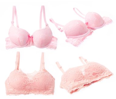 Beyaz arkaplanda izole edilmiş mor dantel sutyen koleksiyonu