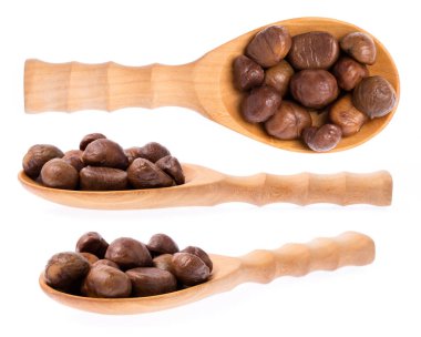 Beyaz arka planda izole edilmiş bir kestane kepçesi seti.