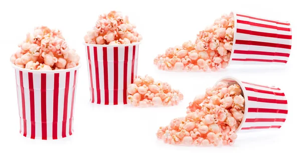 Set Med Rosa Popcorn Randig Hink Isolerad Vit Bakgrund — Stockfoto