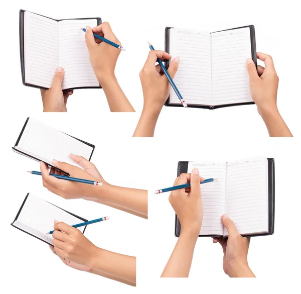 Set Hand Holding Leather Notebooks Pencil Isolated White Background — Stock Photo, Image