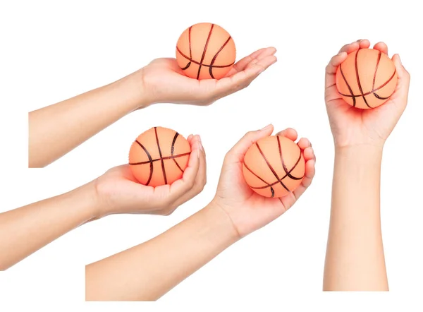 一套手握橄榄球的手 篮球与白色背景隔离 — 图库照片