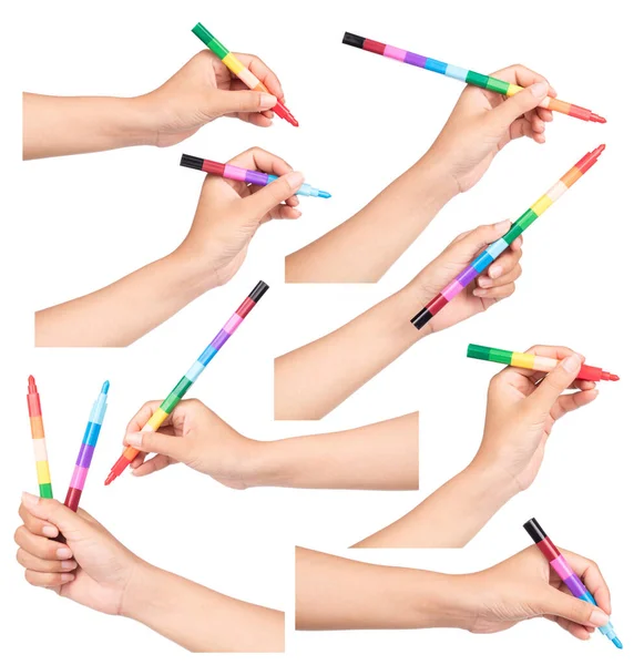 Collection Main Tenant Des Crayons Colorés Isolés Sur Fond Blanc — Photo