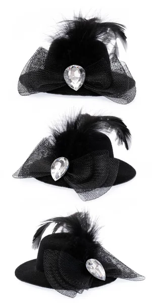 Collection Chapeau Noir Avec Plume Diamant Isolé Sur Fond Blanc — Photo