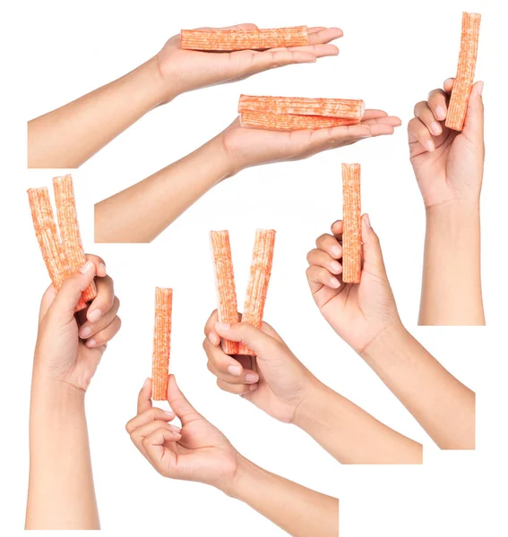 Collection Hand Holding Crab Stick Isolated White Background — Stock Photo, Image