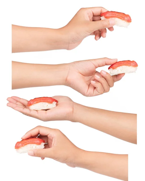 Set Van Hand Holding Zalm Sushi Geïsoleerd Witte Achtergrond — Stockfoto