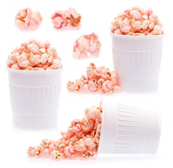 Set Med Rosa Godis Popcorn Kopp Isolerad Vit Bakgrund — Stockfoto