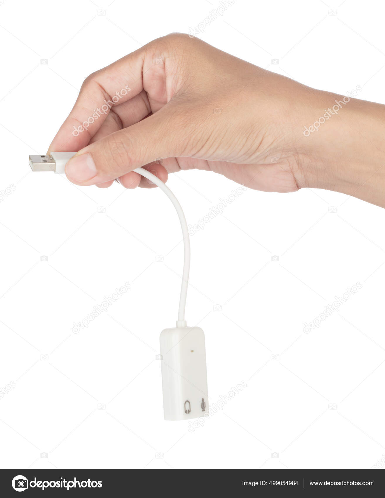 Рука Держа Белый Usb Внешняя Звуковая Карта Аудио Адаптер.