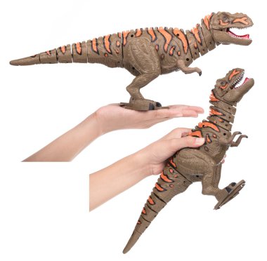 Beyaz arka planda plastik dinozor oyuncağı olan hana seti