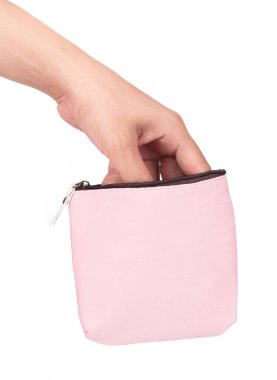 Beyaz arka planda izole edilmiş pembe bozuk para çantası..