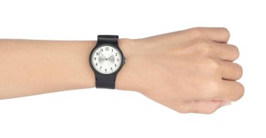 Beyaz arkaplanda siyah izole edilmiş klasik saat ile el ele