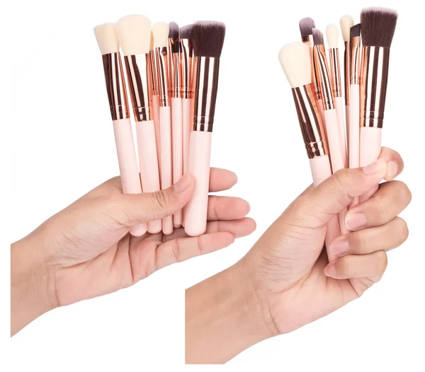 Set Med Hand Hålla Makeup Borstar Isolerade Vit Bakgrund — Stockfoto