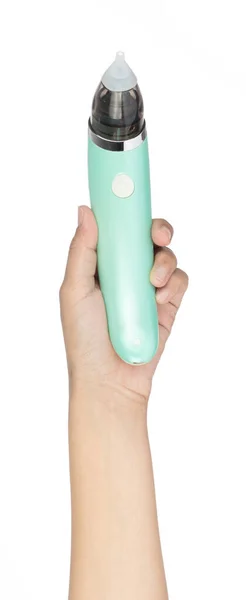 Hand Hålla Hygieniska Elektriska Baby Nasal Aspirator Isolerad Vit Bakgrund — Stockfoto