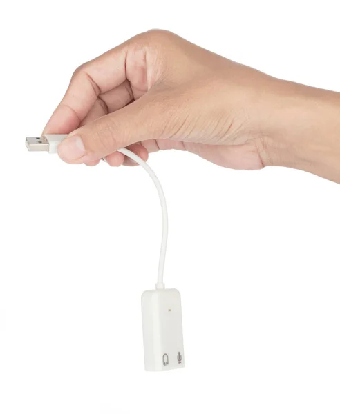 Hand Holding White Usb External Sound Card Audio Adapter Microphone — стокове фото