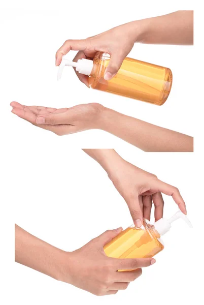 Coleção Mão Segurando Garrafa Plástico Conjunto Com Bomba Doseadora Para — Fotografia de Stock