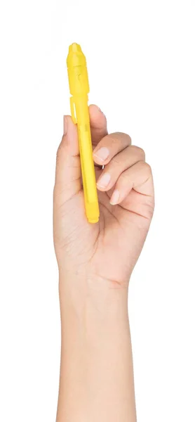 Hand Hält Safety Pen Licht Isoliert Auf Weißem Hintergrund — Stockfoto