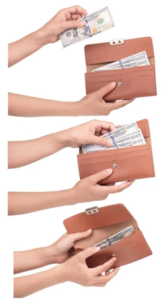 Collection Hand Holding Brown Leather Purse Isolated White Background — Stock Photo, Image