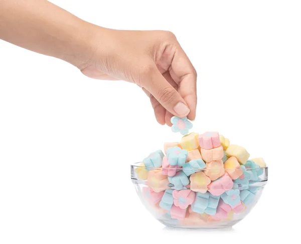 Hand Holding Sweet Marshmallow Bowl Isolated White Background — Stock Photo, Image