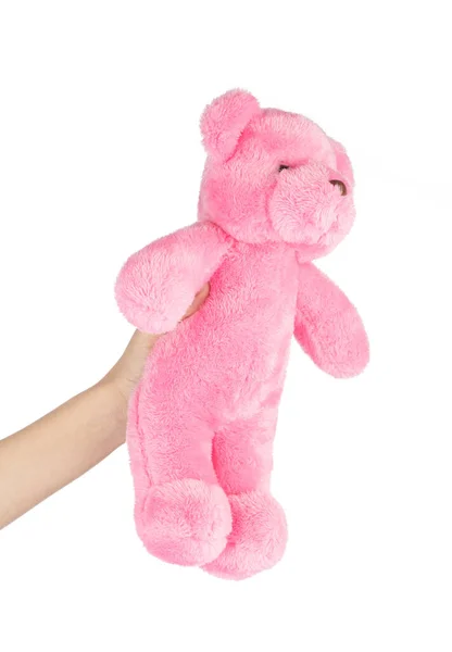 Hand Holding Lovely Pink Teddy Bear Isolated White Background — Stock Photo, Image