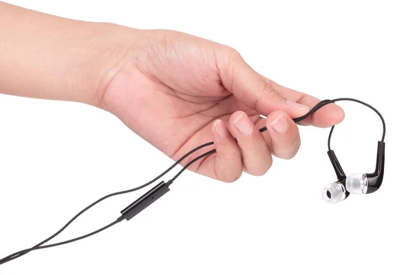 Hand Holding Ear Headphone Bluetooth Wireless Isolated White Background — Stock Photo, Image