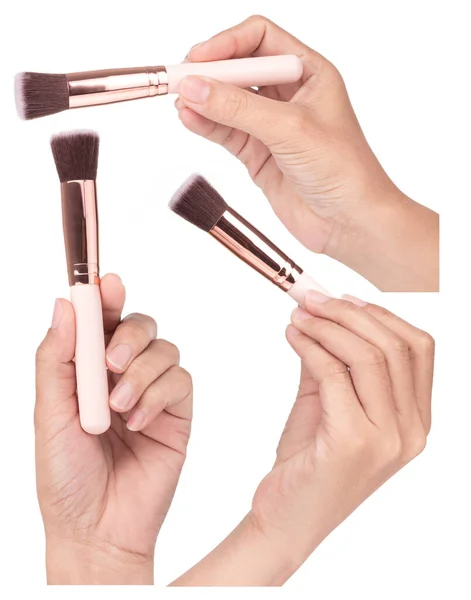 Set Med Hand Hålla Makeup Borstar Isolerade Vit Bakgrund — Stockfoto