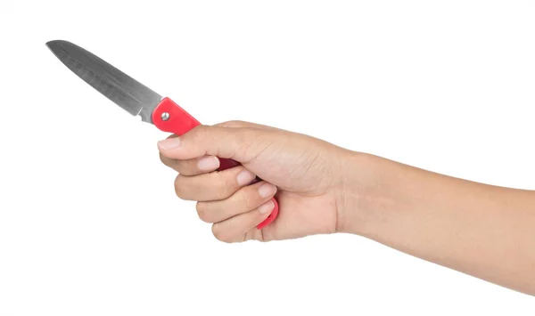 Beyaz Arka Planda Kırmızı Plastik Saplı Bir Bıçağı — Stok fotoğraf