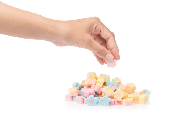 Hand Holding Sweet Marshmallow Shape Flower Isolated White Background — Stock Photo, Image