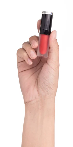 Hand Holding Red Lip Gloss Geïsoleerd Witte Achtergrond — Stockfoto