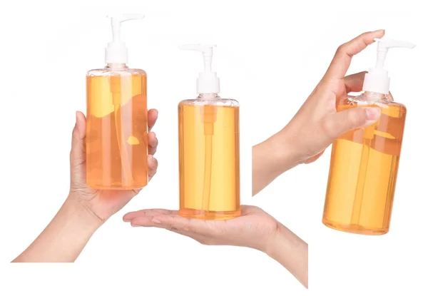 Collection Hand Holding Plastic Bottle Set Dispenser Pump Liquid Soap — Stock Photo, Image